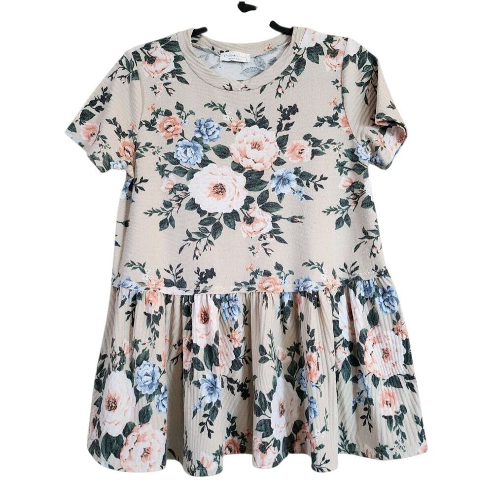 Perfect Peach Womens Babydoll Tunic Top Size M Beige Floral Knit Peplum Pleated